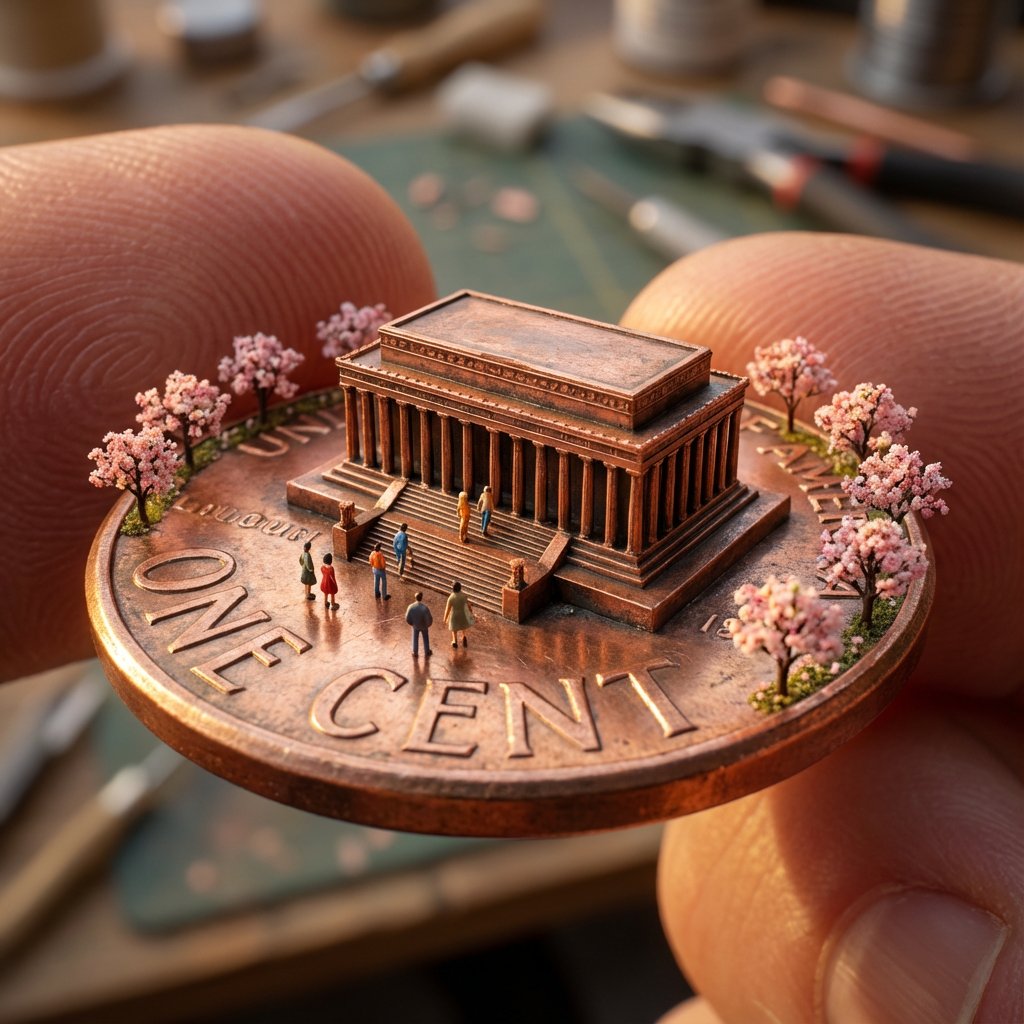 Macro Photoreal Diorama on a US Penny — example output