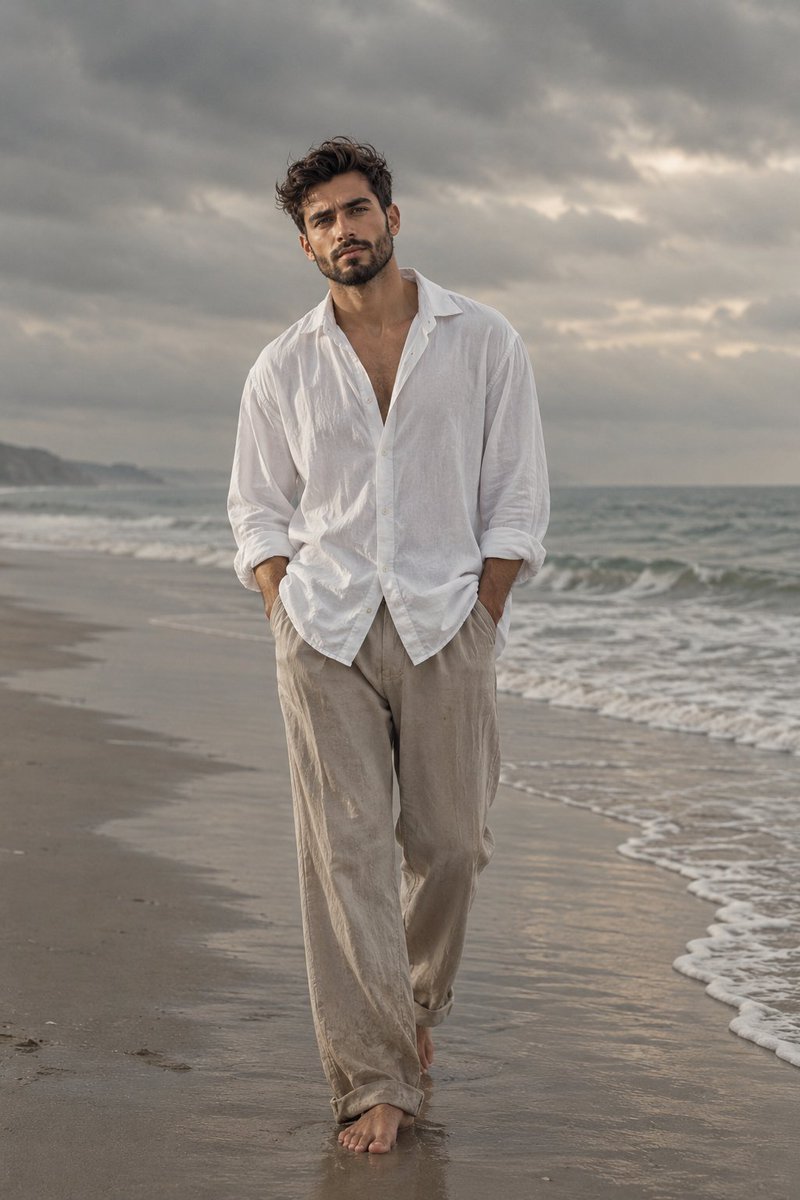 Melancholic Beach Fashion Portrait — example output