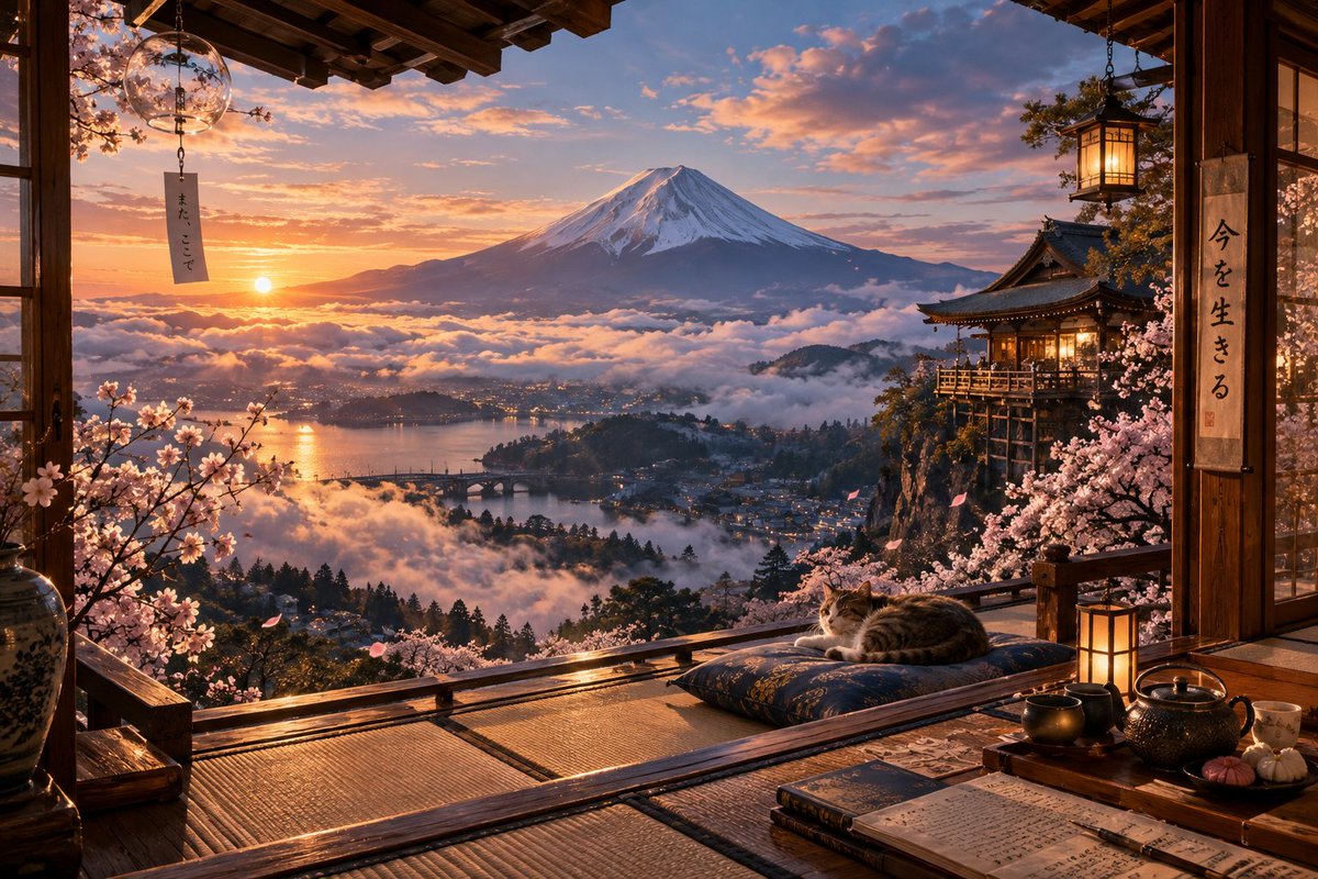 Sunrise Fuji Veranda Scene — example output