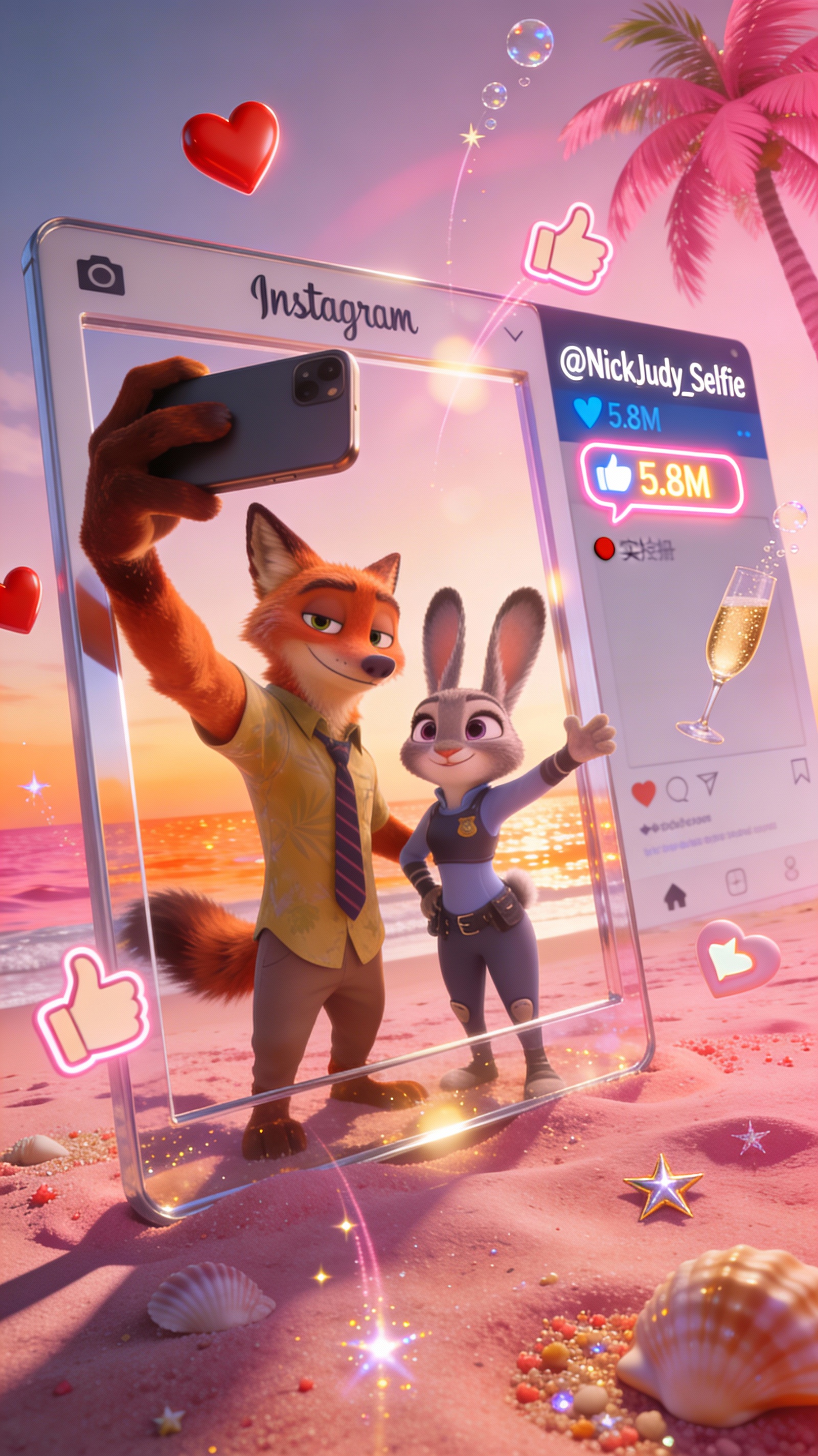 Nick and Judy Pink Beach Instagram-Style Selfie — example output