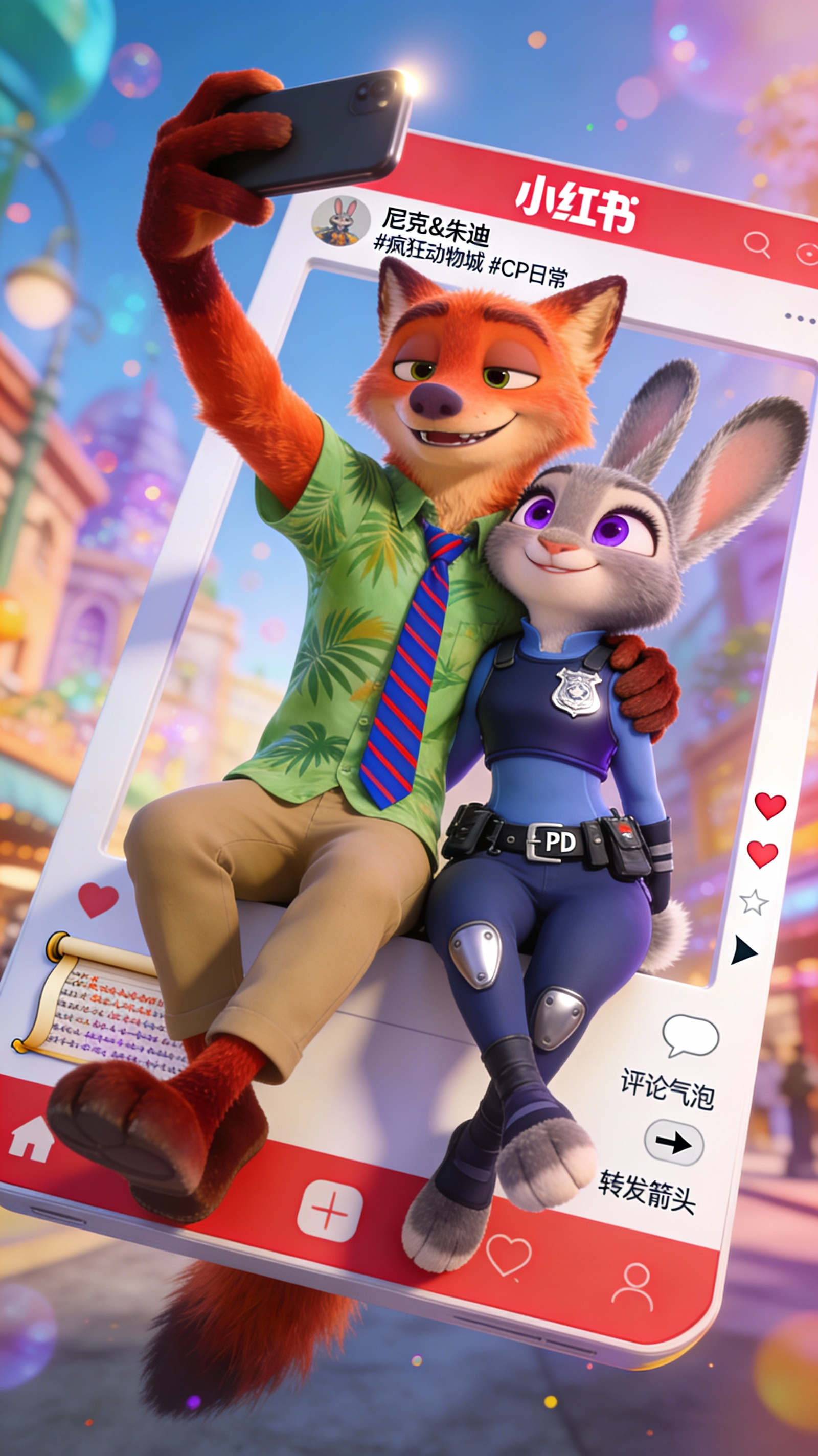 Nick and Judy Xiaohongshu-Style Fourth-Wall-Breaking Selfie — example output