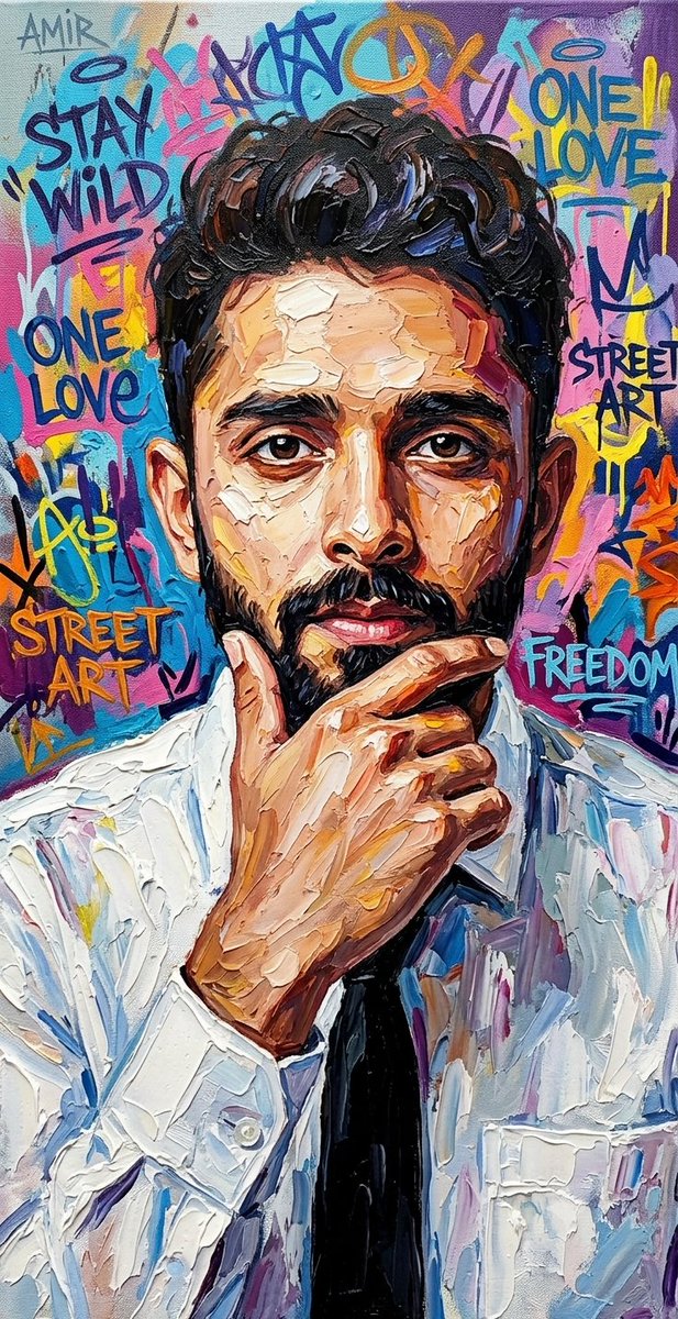 Textured Oil Painting Portrait with Graffiti — example output