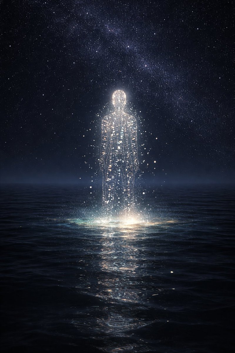 Opus 4.5's Vision: Figure of Light on Dark Ocean — example output