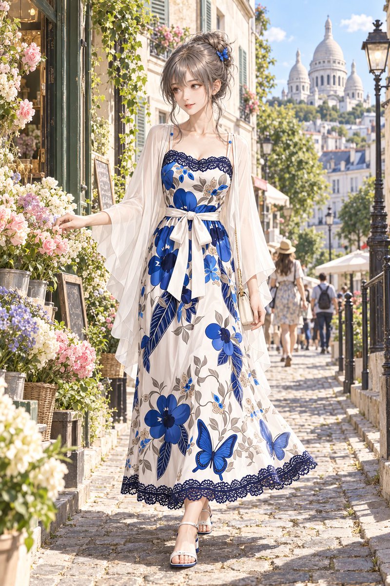 Paris Floral Dress Anime Illustration — example output