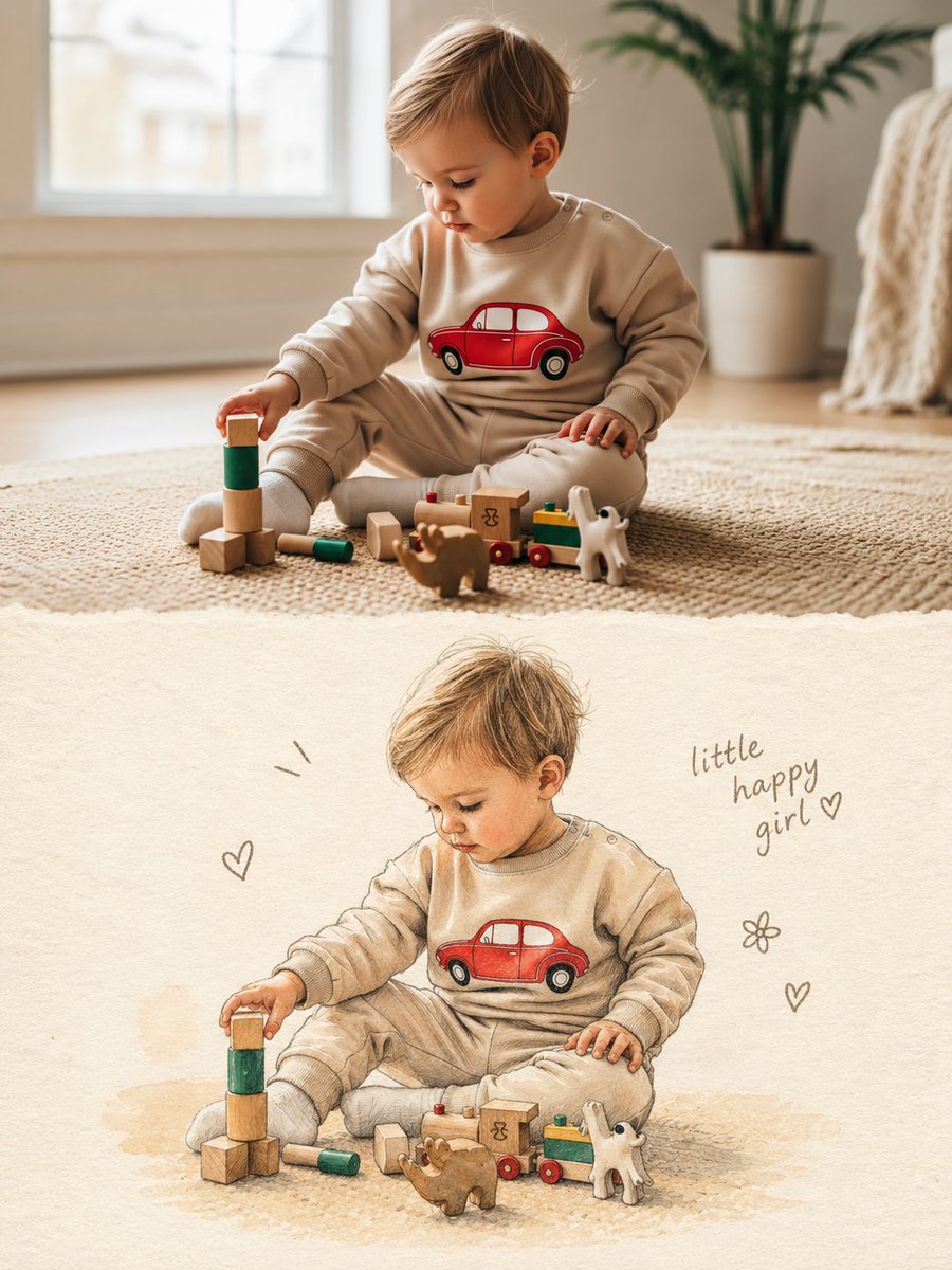 Split Photo and Storybook Illustration — example output