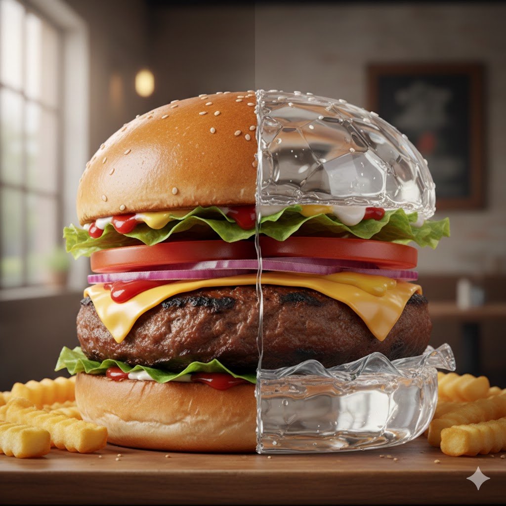 Photorealistic Hamburger Half Glass, Half Normal — example output