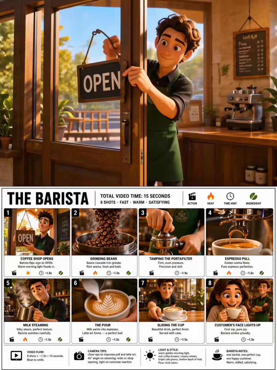 Pixar Style Barista Animation Sequence — example output