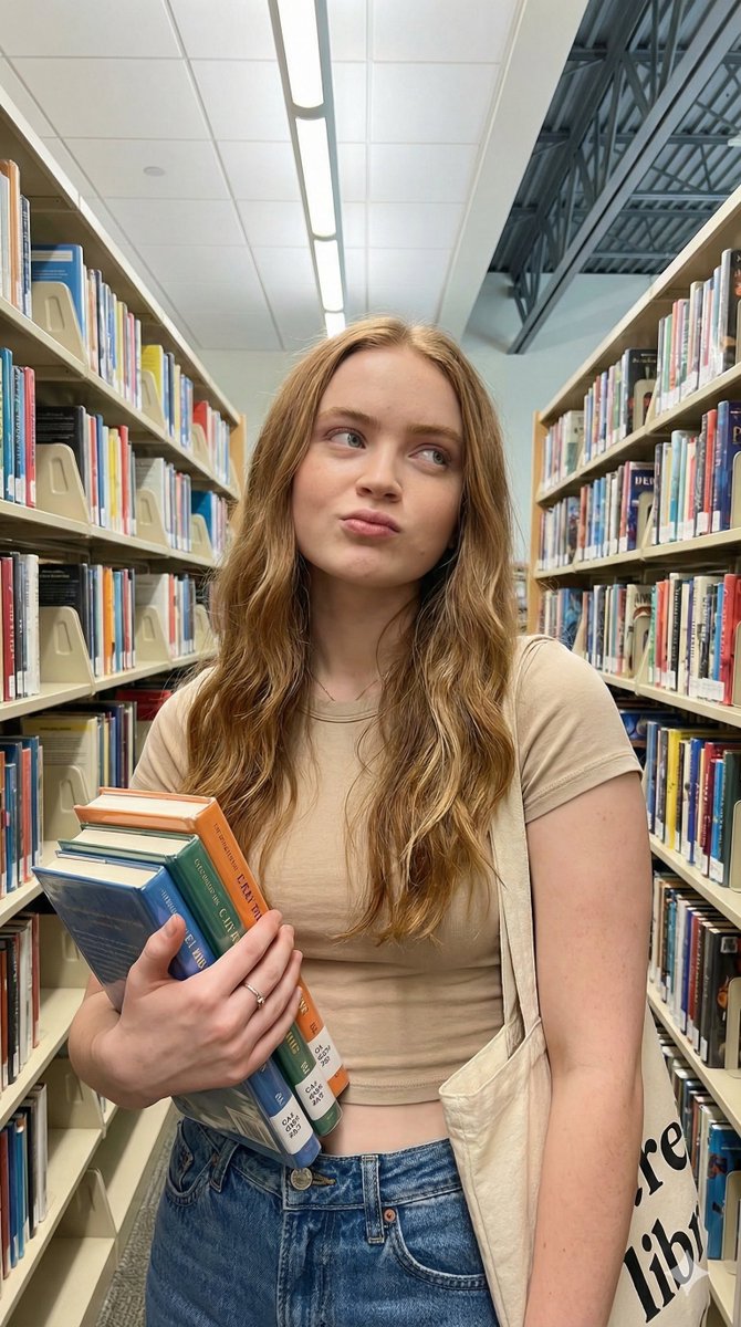 Playful Lifestyle Photo of Woman in Library Prompt — example output