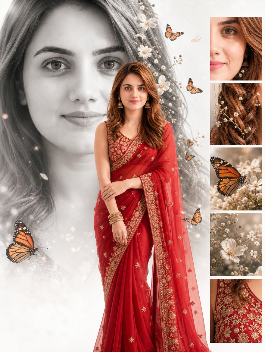 Cinematic Red Saree Fashion Collage — example output