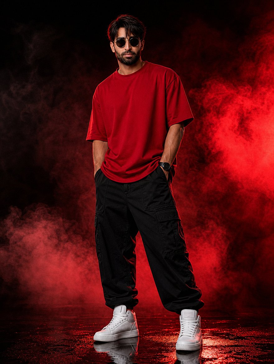 Red Smoke Streetwear Fashion Portrait — example output
