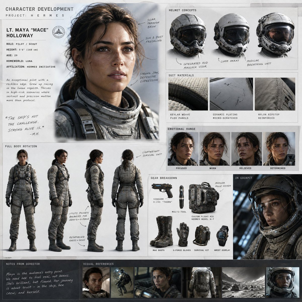 Cinematic Sci-Fi Character Development Board — example output