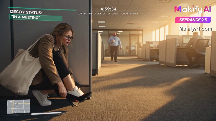 Seedance 2.5 Office Stealth Game Video — example output