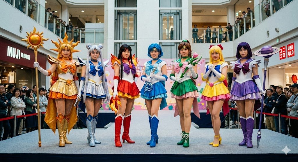 Seven Magical Girls Posing on Stage — example output