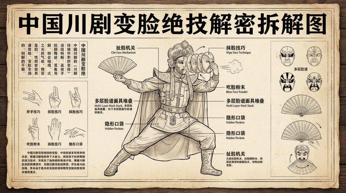 Sichuan opera face-changing technique infographic — example output