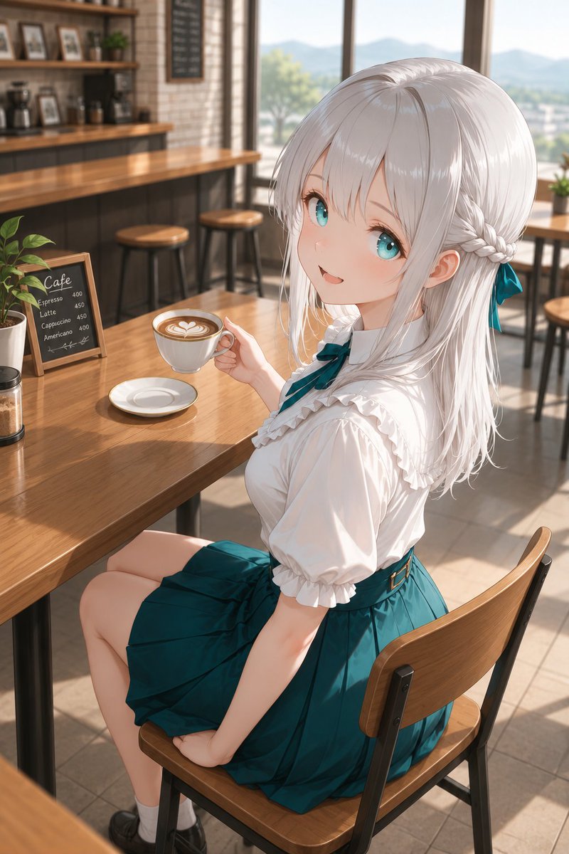 Silver-Haired Girl in Sunny Café — example output