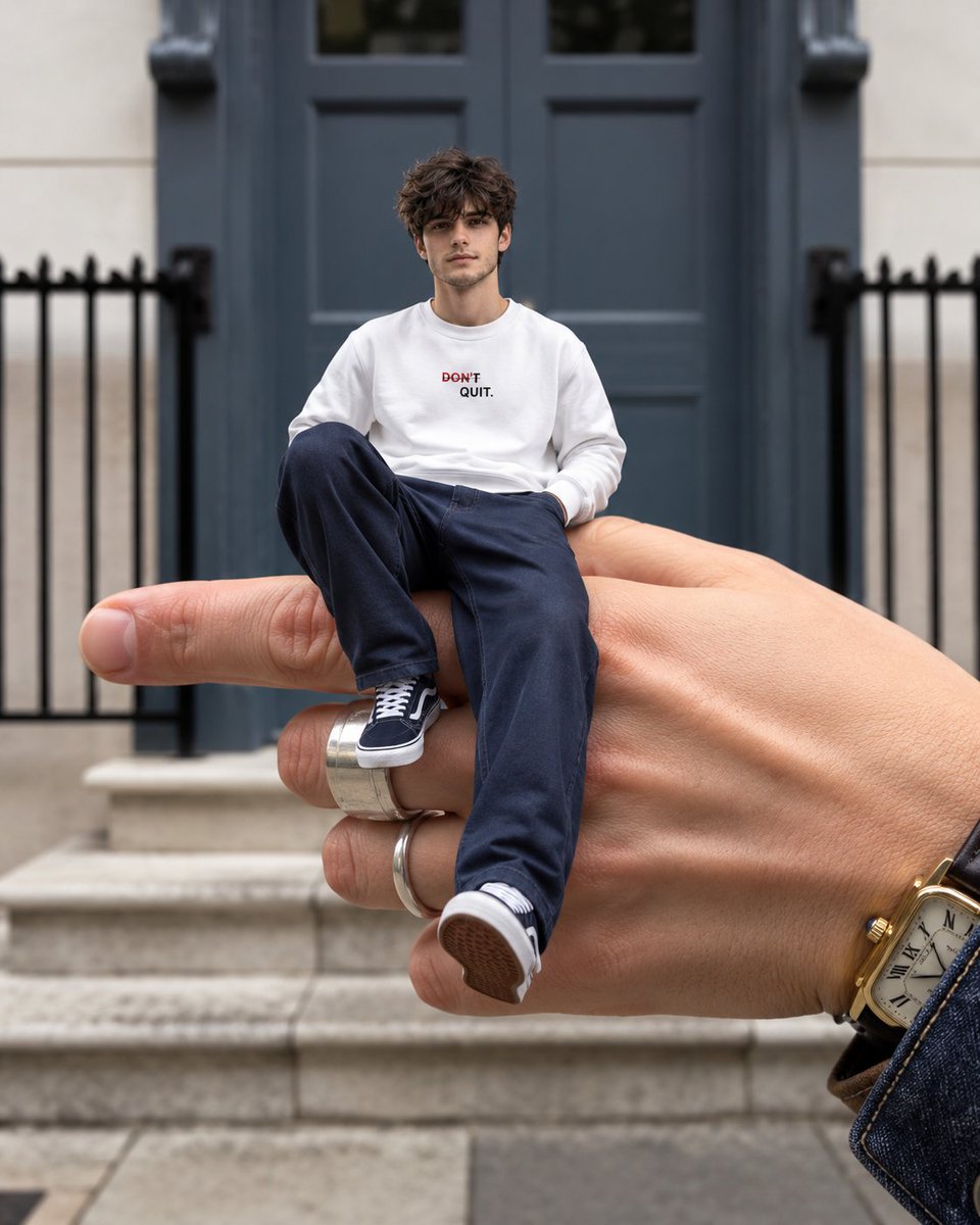 Surreal Miniature Person on Giant Hand — example output