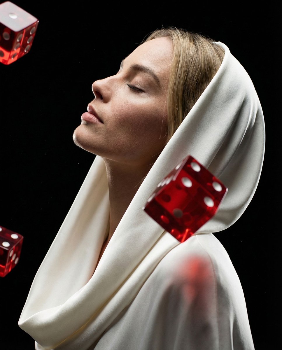Surreal Profile Portrait with Floating Dice — example output