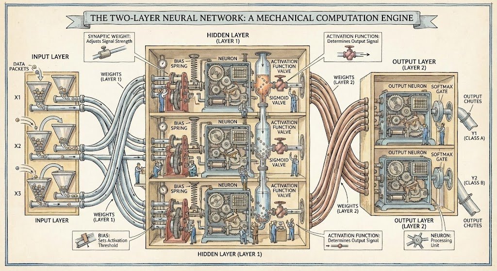 Two-layer neural network diagram in Stephen Biesty style — example output