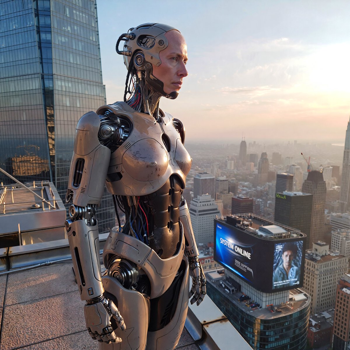 Ultra-Realistic Humanoid Robot on Rooftop — example output