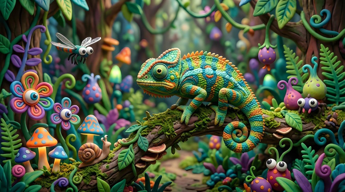 Whimsical Claymation Chameleon Scene — example output