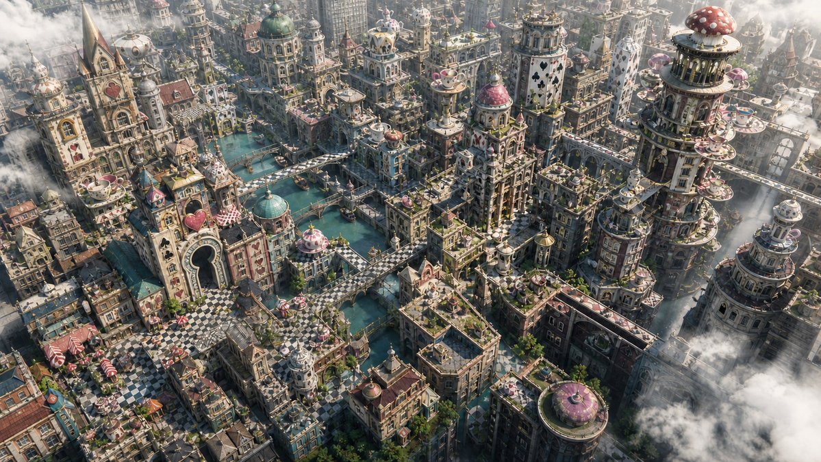 Fantasy Whimsical Downtown Aerial View — example output