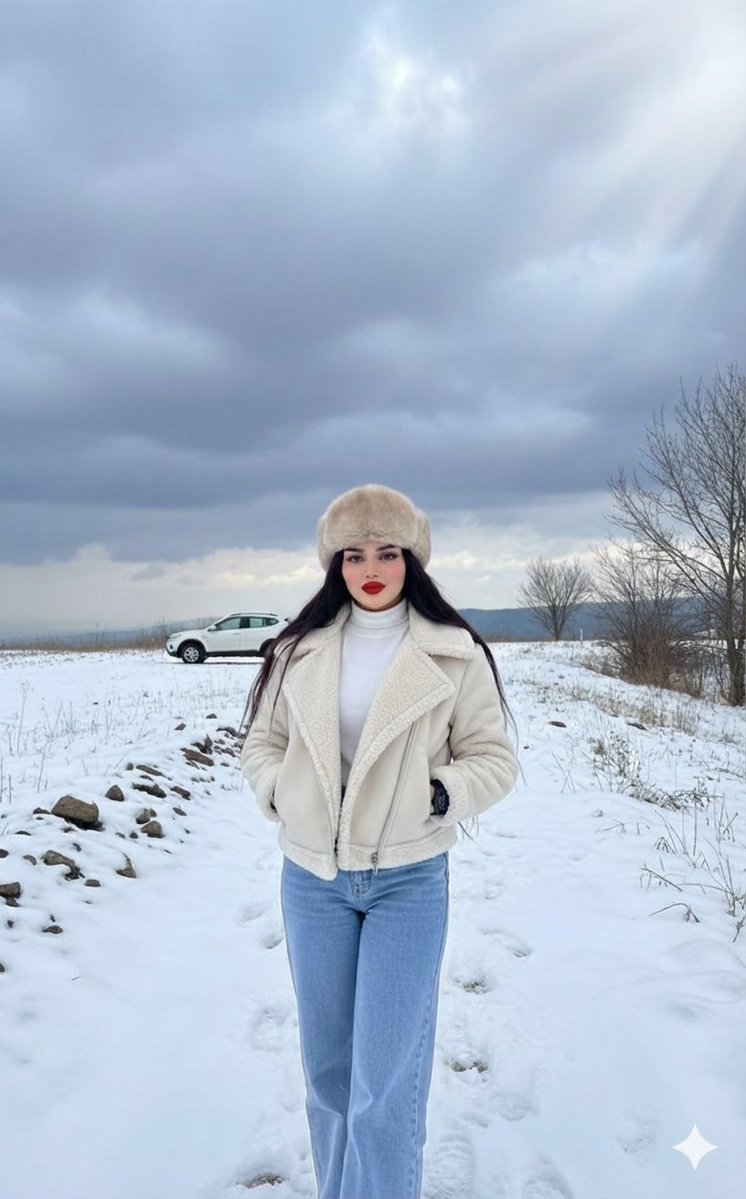 Winter Fashion Editorial in Snowy Field — example output